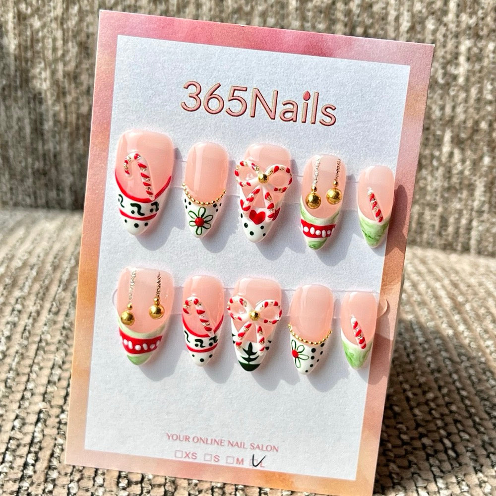 Candy Cane Bow press-on nails