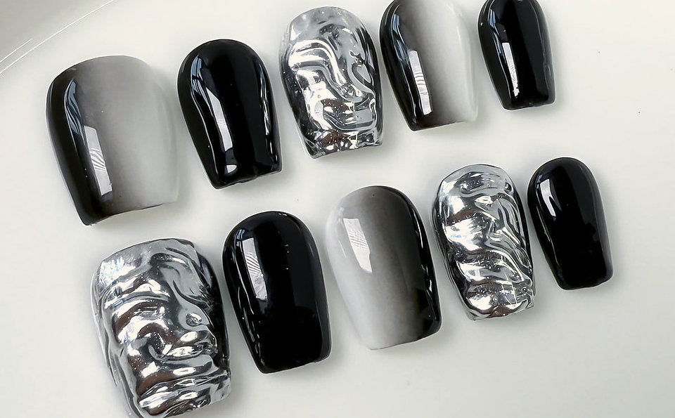 Smoke & Silver press-on nails
